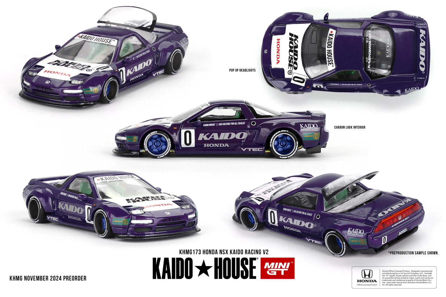 Honda NSX Kaido Racing V2 | Kaido House Mini GT Specifications: SCALE 1:64METAL BODY & CHASSISDETAILED UNDER-CHASSISRUBBER TYRES, SOFT RUBBER SIDE MIRRORSDETAILED WHEEEL DESIGN INCLUDES ORIGINAL PACKAGING INSIDE PAPER CONTAINER BOX ADULT COLLECTIBLE 14+ AGE