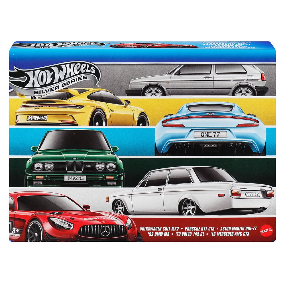 Hot Wheels 2026 Euro Style box set | Hot Wheels Silver Series

'92 BMW M3
Porsche 911 GT3
'16 Mercedes-AMG GT3
Volkswagen Golf MK2
Aston Martin One-77
'73 Volvo 142 GL