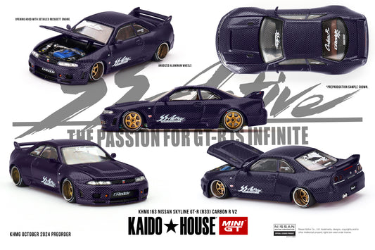 NISSAN SKYLINE GT-R (R33) ACTIVE CARBON R V2 | Kaido House Mini GT Specifications: SCALE 1:64METAL BODY & CHASSISDETAILED UNDER-CHASSISRUBBER TYRES, SOFT RUBBER SIDE MIRRORSDETAILED WHEEEL DESIGN INCLUDES ORIGINAL PACKAGING INSIDE PAPER CONTAINER BOX ADULT COLLECTIBLE 14+ AGE